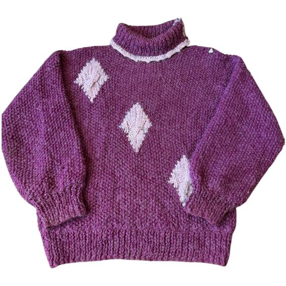 Vintage Handmade Purple & Pink Diamond Knit Turtleneck Sweater Size Large - Picture 14 of 15